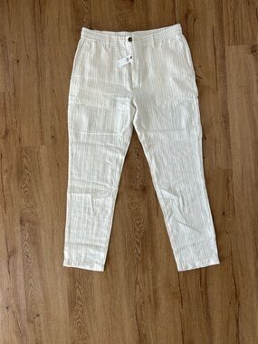 Banana Republic Cream Linen Pants with Thin Tan Pinstripe